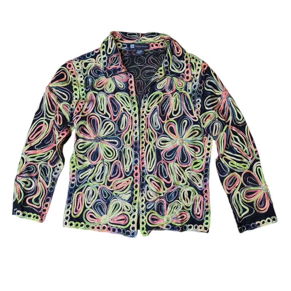 Casual Studio Embroidered Floral Jacket Neon Colors Black Mesh‎ Size S